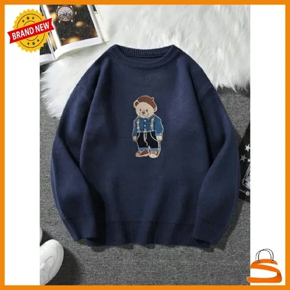 Oversized Crewneck Bear Graphic Sweater Unisex Vintage Preppy Jumper - Picture 4 of 7